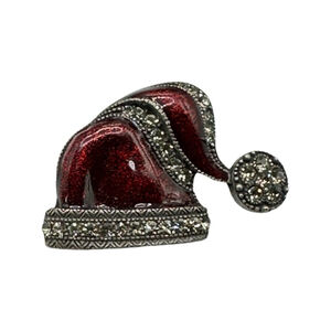 Sparkling Vintage Christmas Santa Claus Hat Pin Brooch Red Pewter Colors Crystal